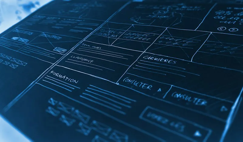 Website wireframe sketches on paper